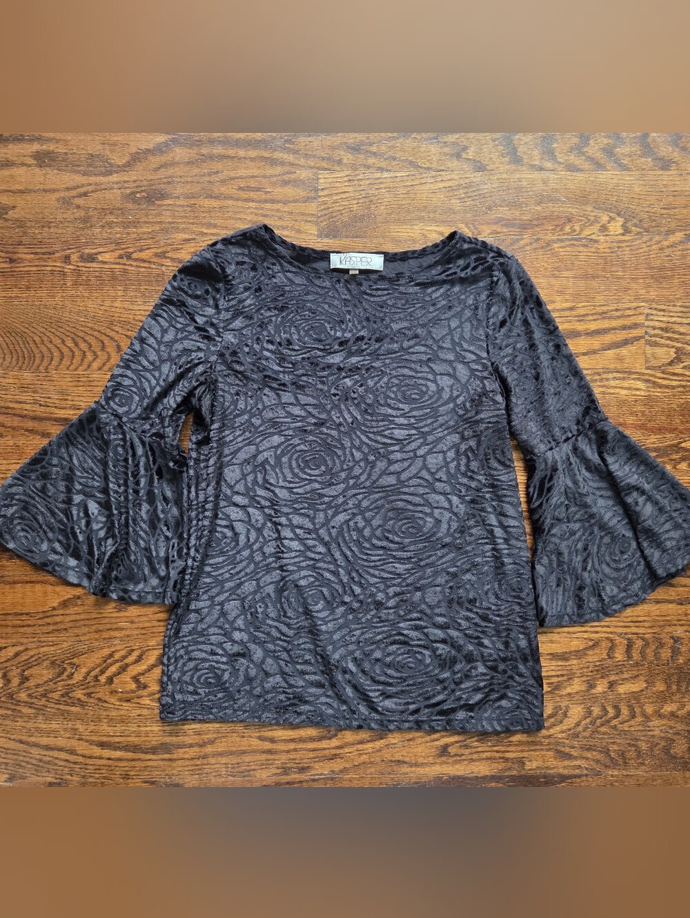 Vtg Kasper Black Velvet Rose Burnout Flute Sleeve Blouse Whimsigoth Holiday Top